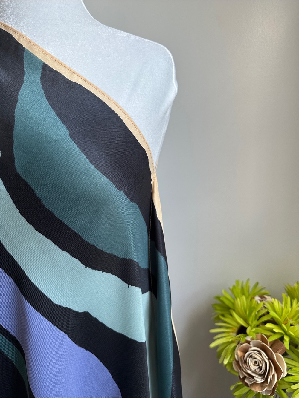 RACHEL Rachel Roy Asymmetrical Silky Dress with Teal, Mint & Beige Trim - Picture 5 of 13